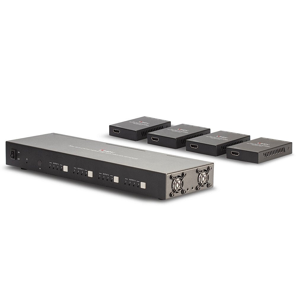 Lindy Cat 6 HDMI Matrix Extender 4x4, 4K/60Hz, 70m, flere knapper/porte, fire modtagerenheder med HDMI 2.0-porte.