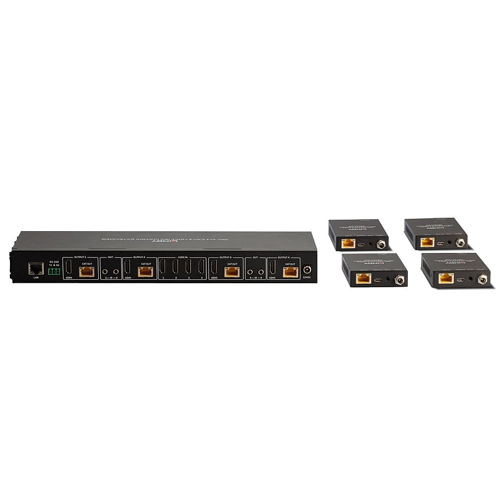 Lindy Cat 6 HDMI Matrix Extender 4x4 sort med fire udgange, én indgang og fire modtagere, understøtter HDMI 2.0 og Cat 6.
