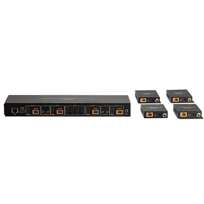 Lindy Cat 6 HDMI Matrix Extender 4x4 sort med fire udgange, én indgang og fire modtagere, understøtter HDMI 2.0 og Cat 6.