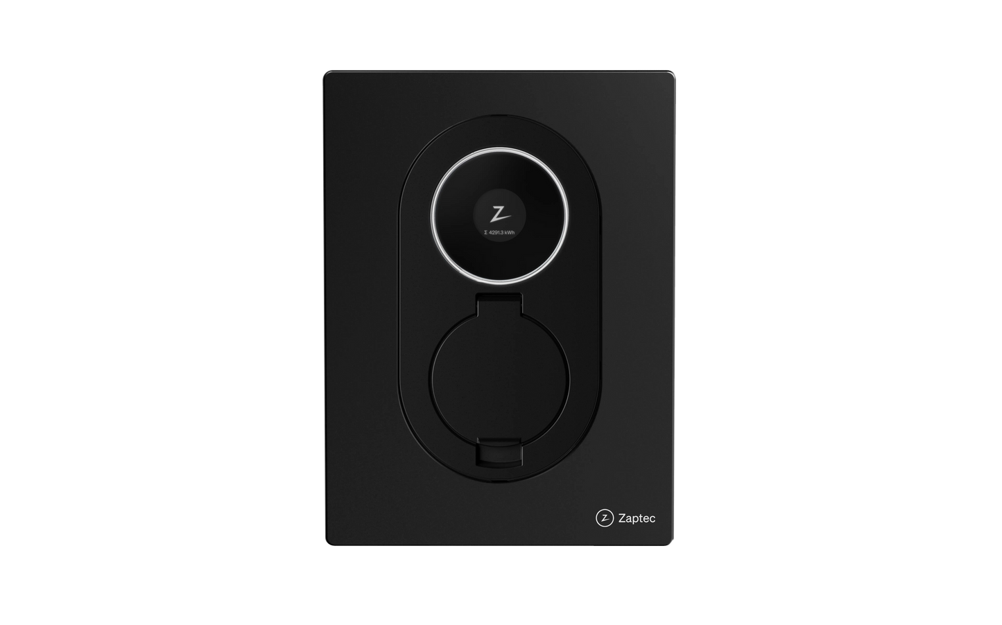 Zaptec Go 2 Asphalt Black elbiloplader sort rektangulær med centralt rundt stik, Z-logo over og Zaptec navnet nederst til højre.