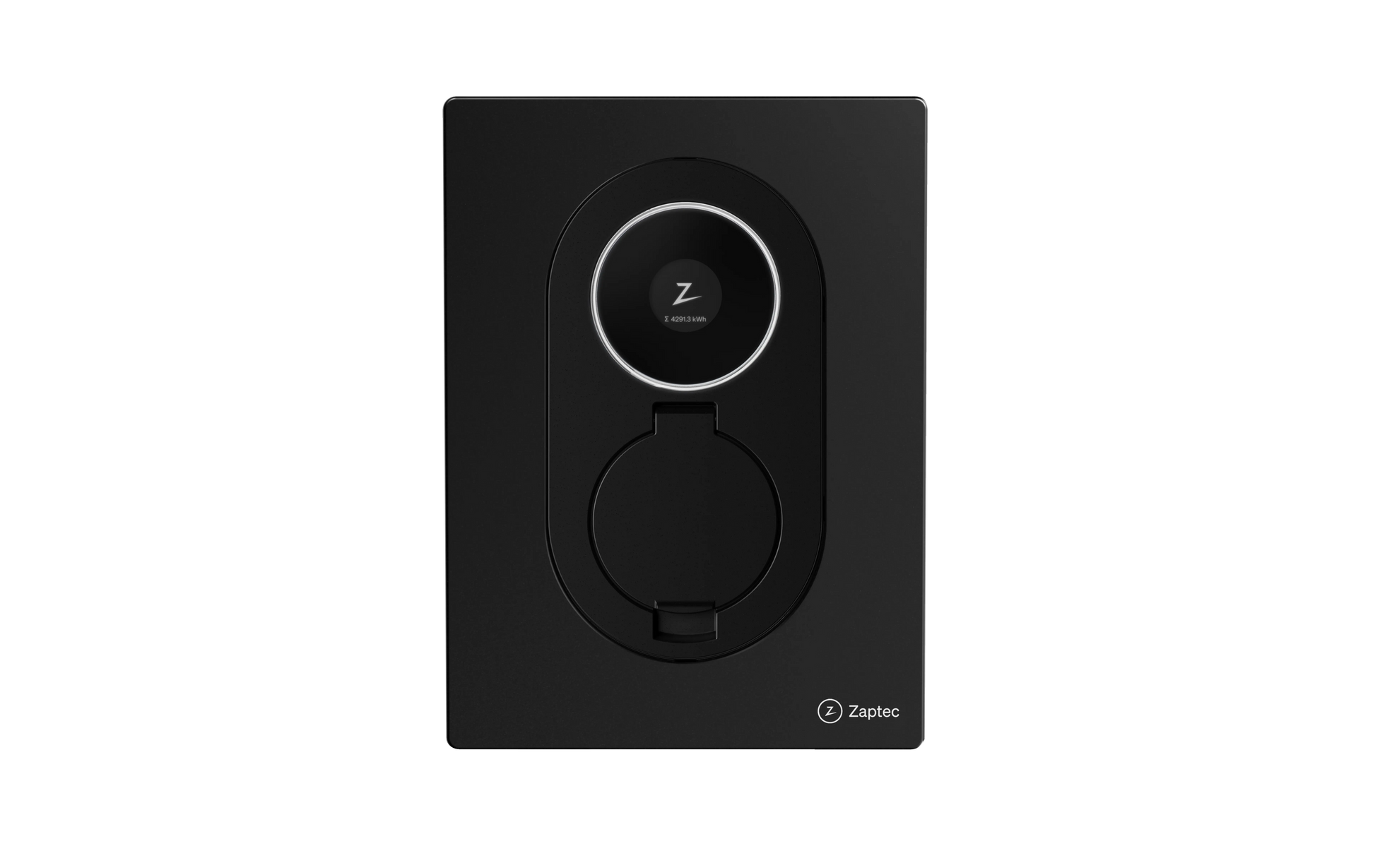 Zaptec Go 2 Asphalt Black elbiloplader sort rektangulær med centralt rundt stik, Z-logo over og Zaptec navnet nederst til højre.