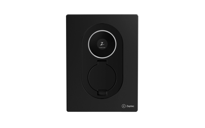 Zaptec Go 2 Asphalt Black elbiloplader sort rektangulær med centralt rundt stik, Z-logo over og Zaptec navnet nederst til højre.