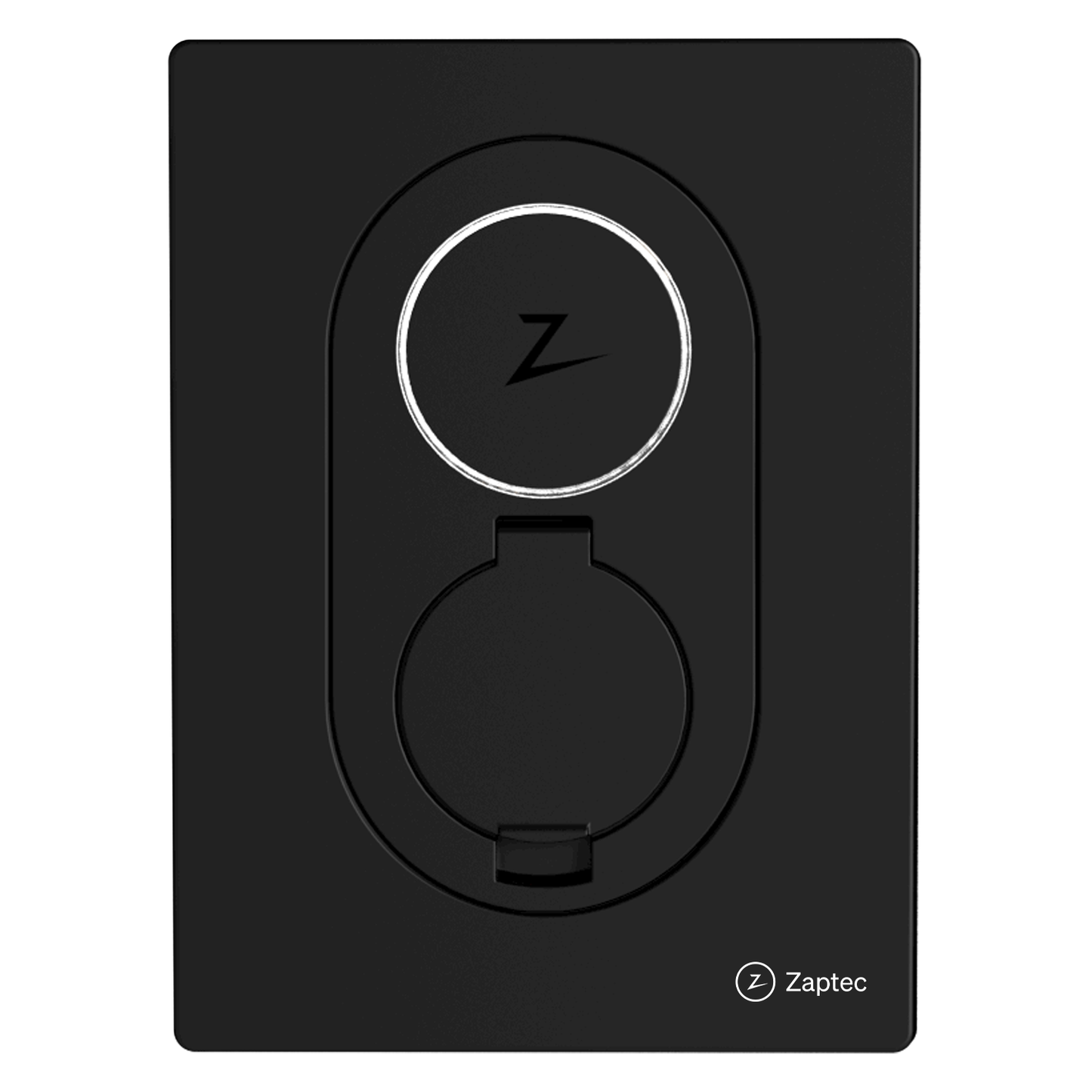Zaptec Go Asphalt Black 22kW sort ladestation til elbil med cirkulært dæksel, Z-logo øverst og Zaptec-logo nederst.