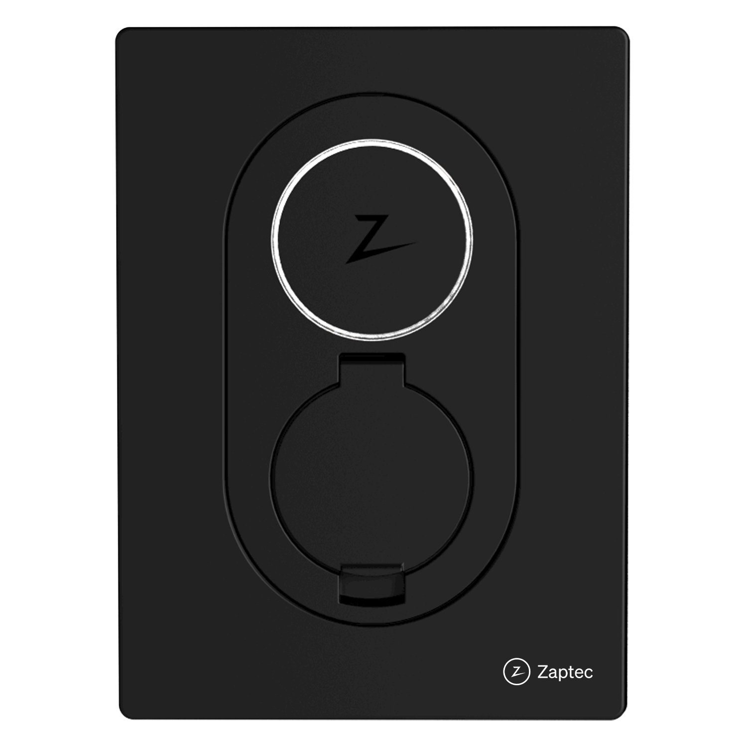 Zaptec Go Asphalt Black 22kW sort ladestation til elbil med cirkulært dæksel, Z-logo øverst og Zaptec-logo nederst.