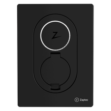 Zaptec Go Asphalt Black 22kW sort ladestation til elbil med cirkulært dæksel, Z-logo øverst og Zaptec-logo nederst.