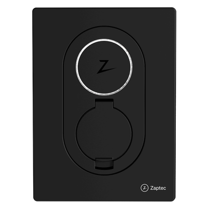Zaptec Go Asphalt Black 22kW sort ladestation til elbil med cirkulært dæksel, Z-logo øverst og Zaptec-logo nederst.
