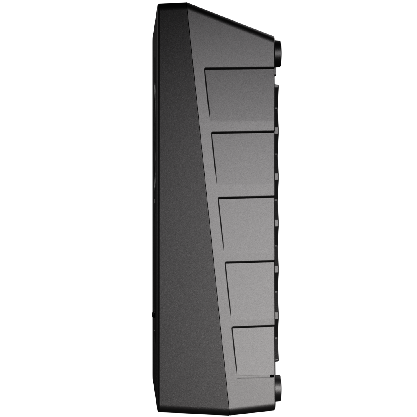 Zaptec Go Asphalt Black 22kW elbiloplader i rektangulært design med skrå kanter og vandrette riller, set fra siden.