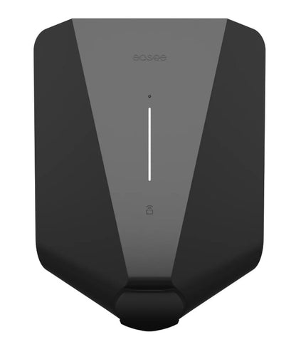 Easee Charge Up 1,4-22 kW elbil hjemmelader sort, vægmonteret med 4G  WiFi, lodret lysstribe, cirkulær indikator, låseikon.