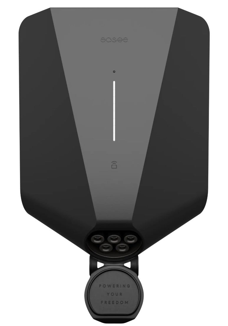 Easee Charge Up 1,4-22 kW sort vægoplader, central lodret LED, rund stikdæksel med "Powering Your Freedom.