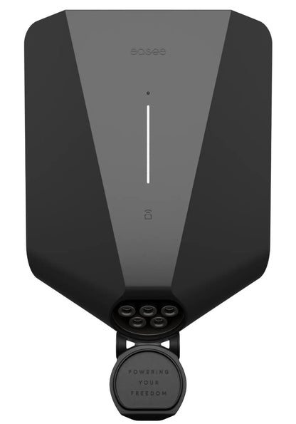 Easee Charge Up 1,4-22 kW sort vægoplader, central lodret LED, rund stikdæksel med "Powering Your Freedom.