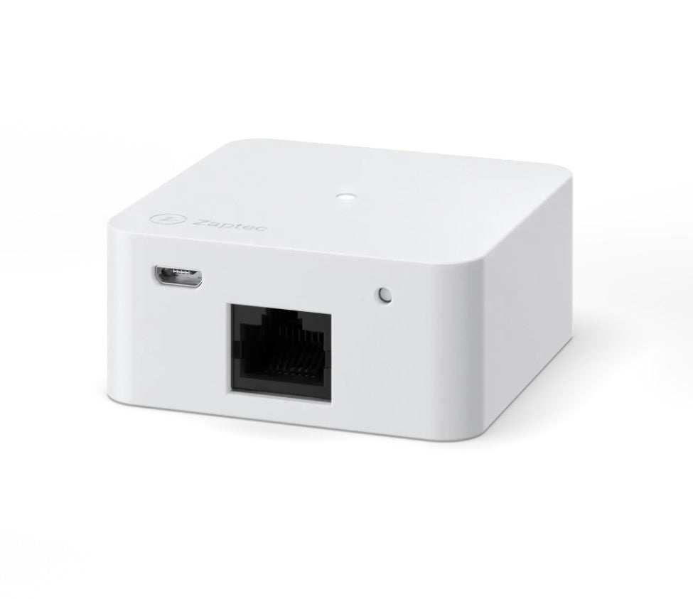 Zaptec Go Sense HAN RJ45 lader med USB-port og Ethernet RJ45 HAN-port placeret på venstre side til elbilopladning.