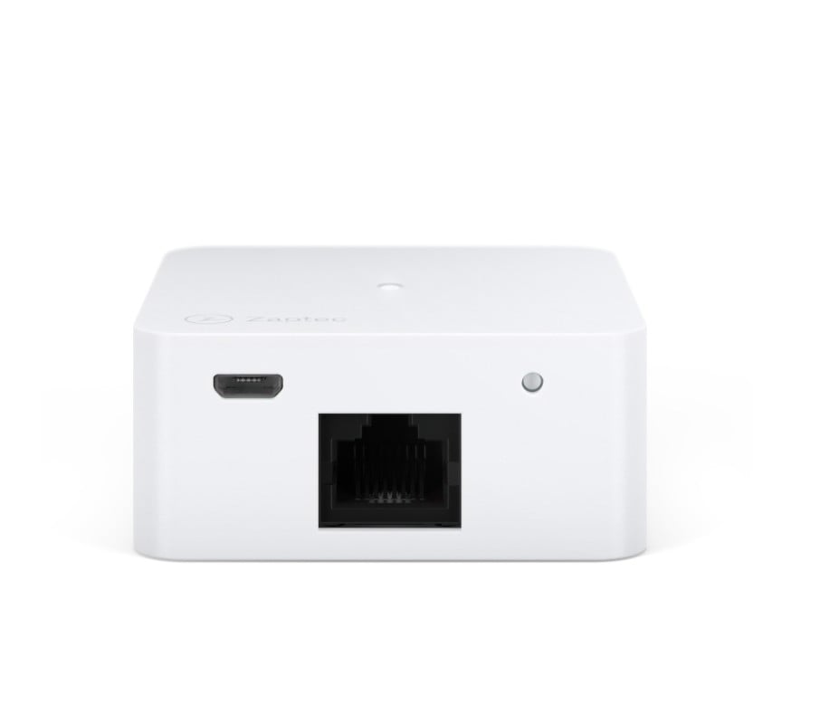 Zaptec Go Sense HAN RJ45 hvid enhed med mikro USB-port, Ethernet-port og LED-indikator foran.