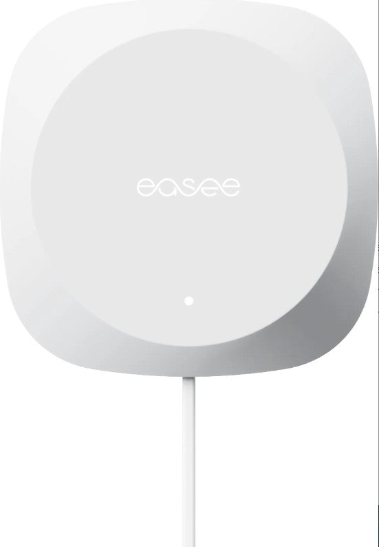 Easee Equalizer Basic RJ45, hvid, kvadratisk med afrundede hjørner, logo midt, indikatorlys under, ledning forneden.