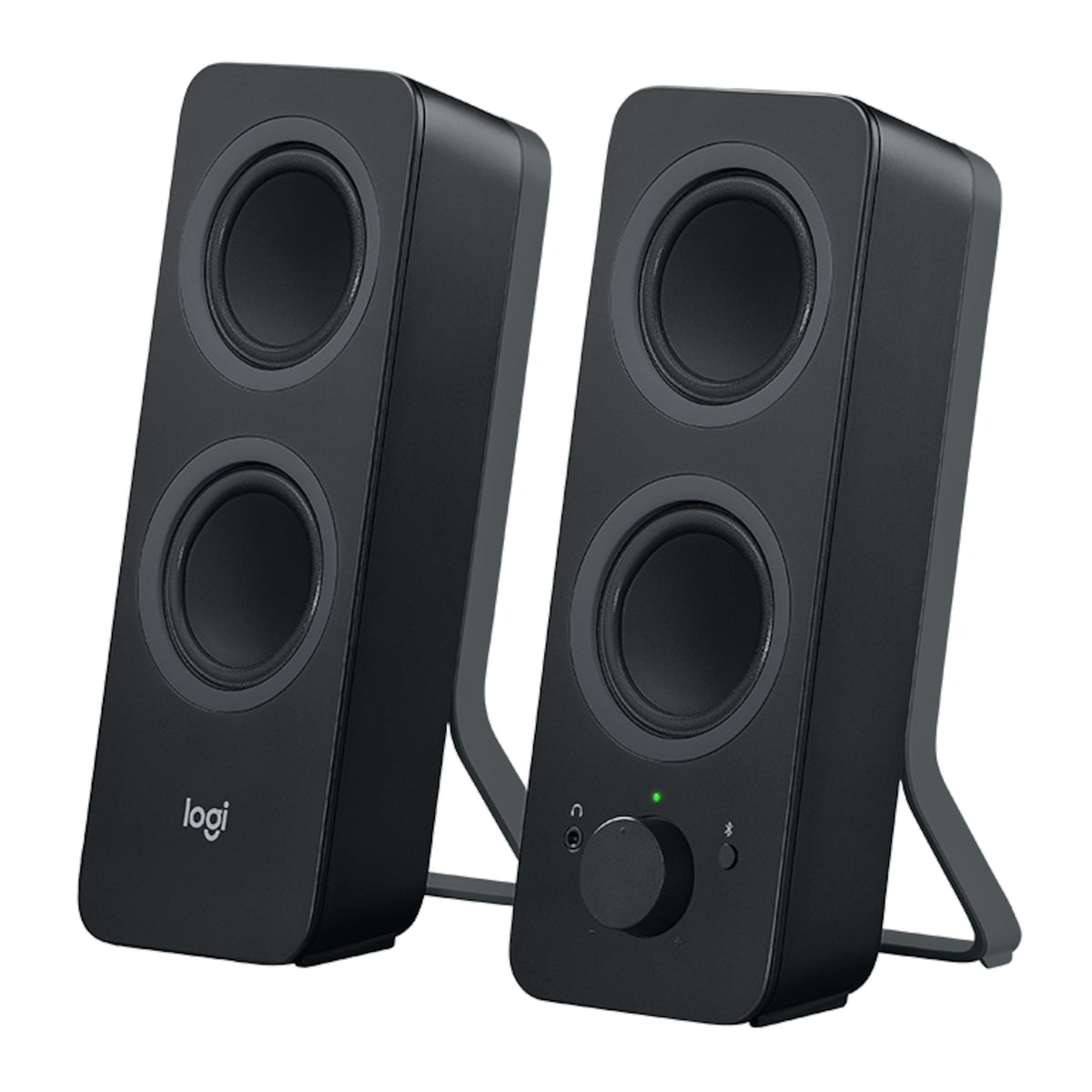 Logitech Z207 sorte computerhøjttalere med to højttalerenheder, lydstyrkeknap, hovedtelefonstik og Bluetooth-knap.