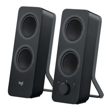 Logitech Z207 sorte computerhøjttalere med to højttalerenheder, lydstyrkeknap, hovedtelefonstik og Bluetooth-knap.