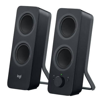 Logitech Z207 sorte computerhøjttalere med to højttalerenheder, lydstyrkeknap, hovedtelefonstik og Bluetooth-knap.