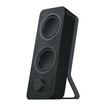 Logitech Z207 Bluetooth-computerhøjttalere i sort med to højttalerenheder, volumenknap på forsiden, jackstik og Easy-Switch-knap.