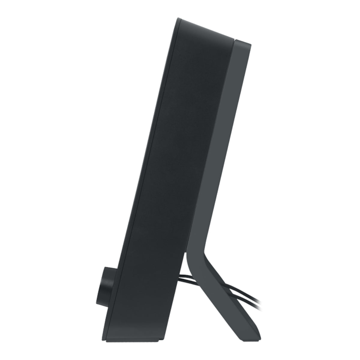 Logitech Z207 Bluetooth-computerhøjttaler i profil med integreret fod og lydstyrkeknap på forsiden.
