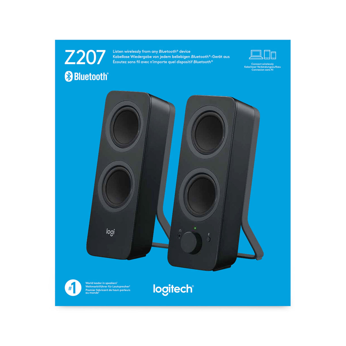 Logitech Z207 Bluetooth-højttalere i sort til computer med lydstyrkeknap og stativ, som vist på emballagen.
