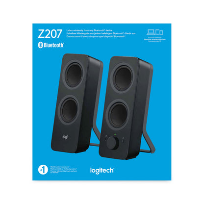 Logitech Z207 Bluetooth-højttalere i sort til computer med lydstyrkeknap og stativ, som vist på emballagen.