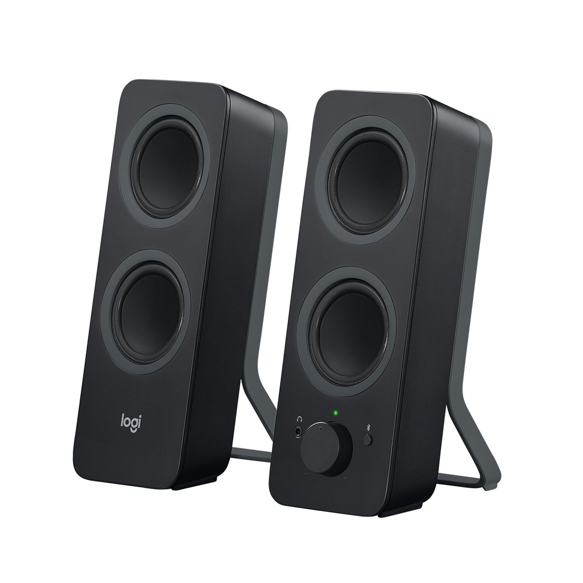 Logitech Z207 sorte Bluetooth-computerhøjttalere med lydstyrkeknap, hovedtelefonstik og Bluetooth-knap på forsiden.