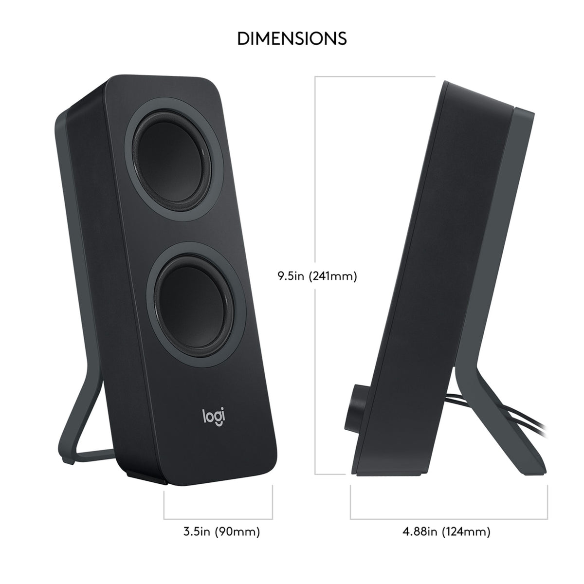 Logitech Z207 Bluetooth-højttalere i sort, for- og sidebillede med angivelse af højde, bredde og dybde.