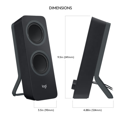 Logitech Z207 Bluetooth-højttalere i sort, for- og sidebillede med angivelse af højde, bredde og dybde.