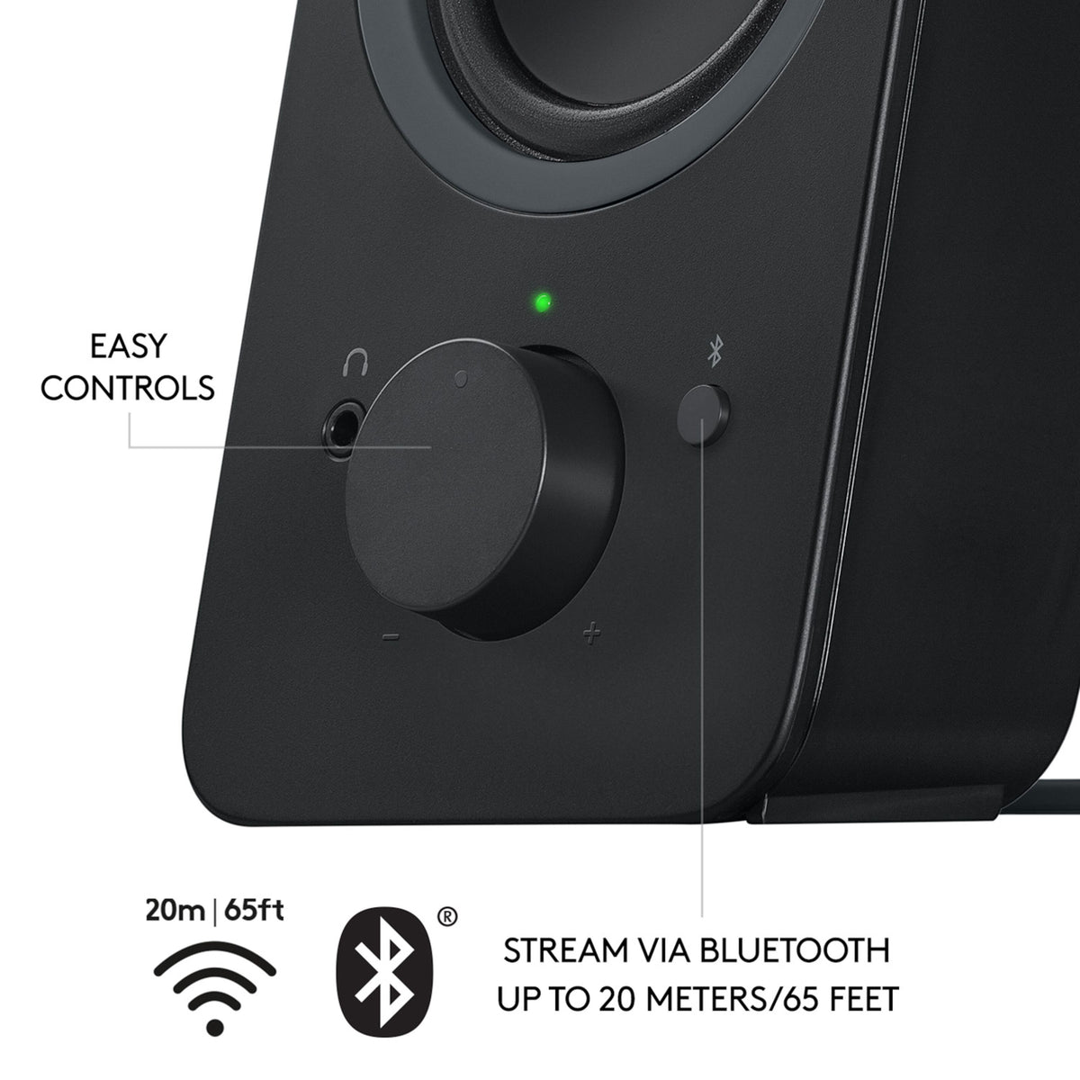 Logitech Z207 Bluetooth-højttalere, sorte, med lydstyrkeknap, hovedtelefonstik, Bluetooth-knap og en rækkevidde på 20 meter.