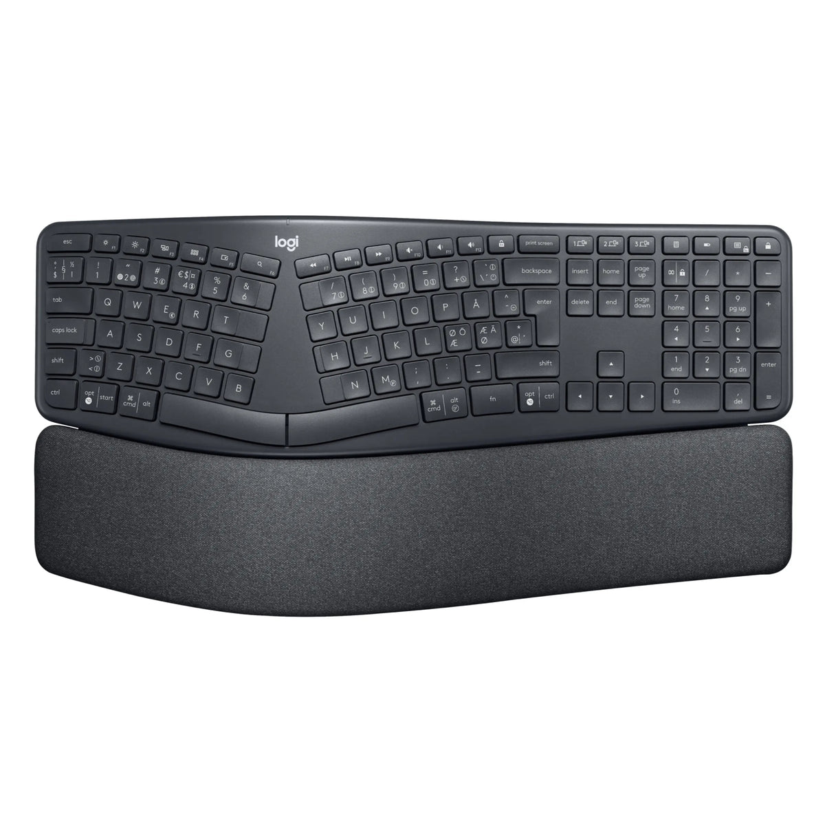 Logitech Ergo K860 – trådløst ergonomisk tastatur i sort med delt tastaturlayout og indbygget håndledsstøtte.