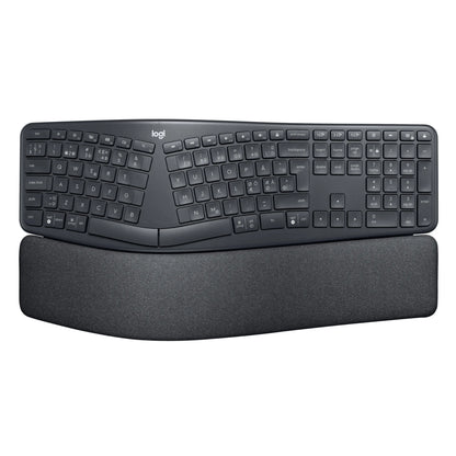 Logitech Ergo K860 – trådløst ergonomisk tastatur i sort med delt tastaturlayout og indbygget håndledsstøtte.