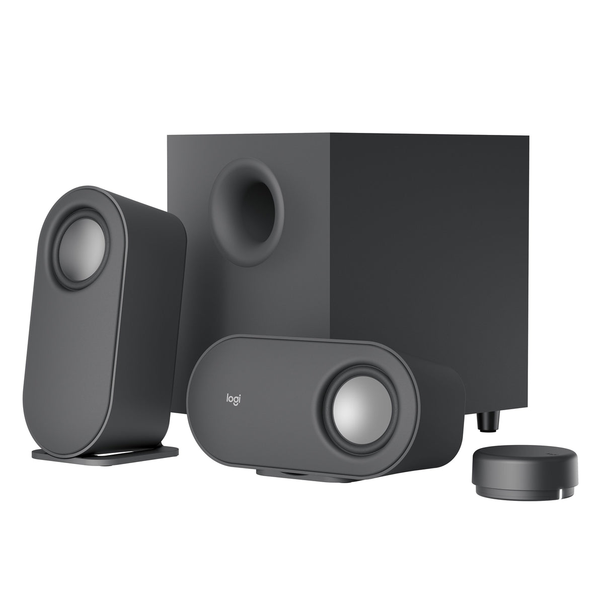 Logitech Z407 højttalersystem, to sorte højttalere, subwoofer og trådløs cylindrisk lydstyrkekontrol.