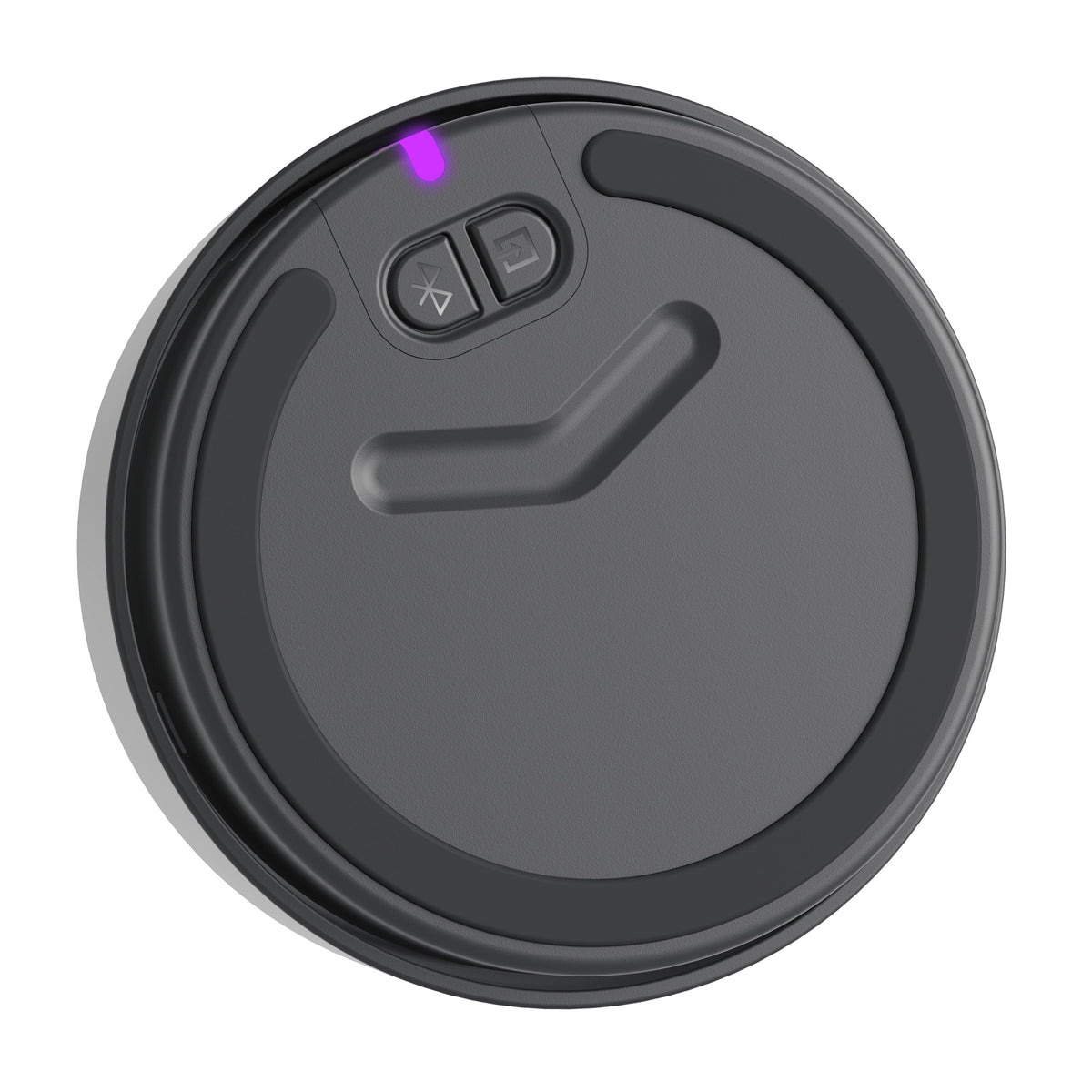 Logitech Z407 trådløs lydstyrkekontrol, grå rund drejeknap med to knapper og lilla LED-indikator.