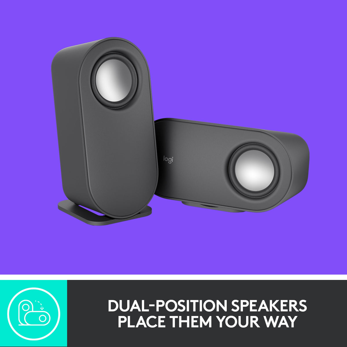 Logitech Z407 højttalersystem med subwoofer, trådløs lydstyrkekontrol, to ovale højttalere med sølvfarvede membraner, lilla baggrund.