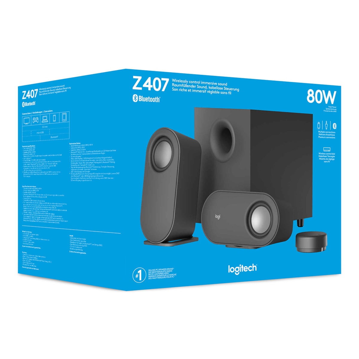Logitech Z407 højttalersystem med subwoofer og trådløs lydstyrkekontrol på forsiden af produktemballagen.