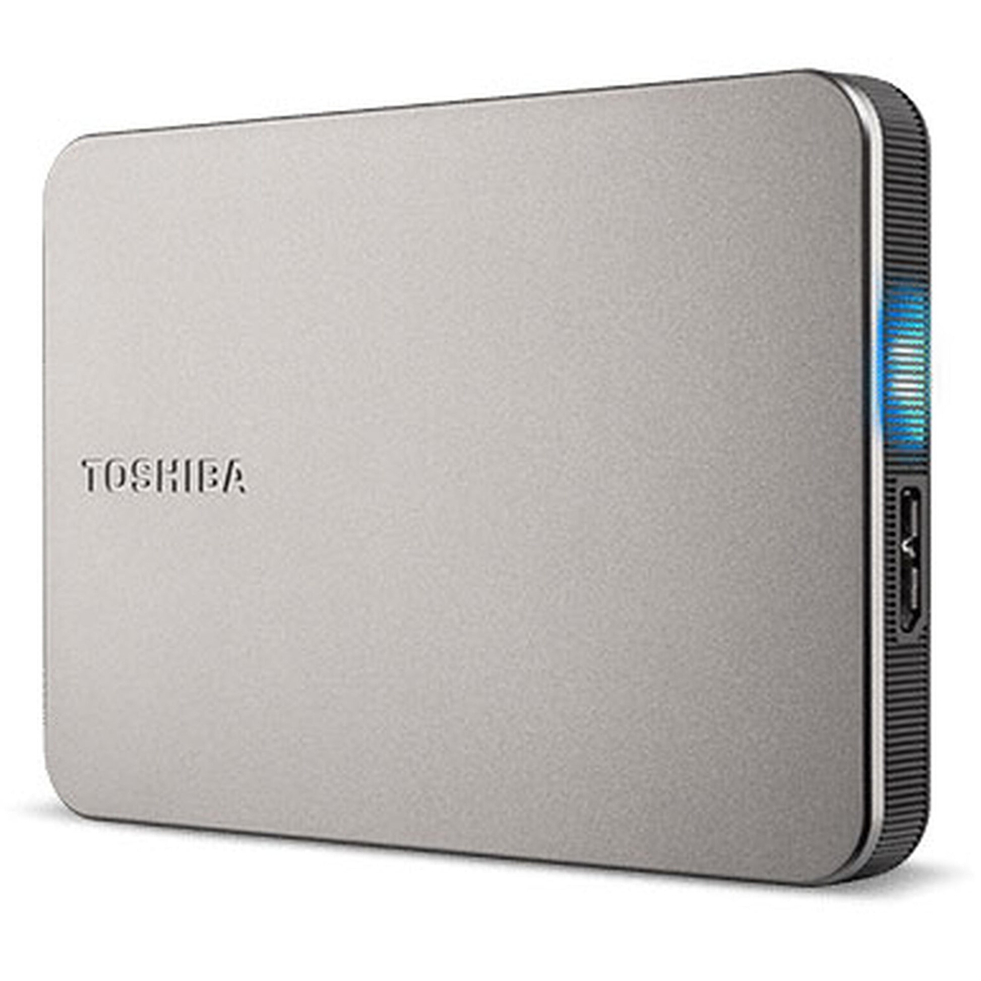 Toshiba Canvio Flex ekstern harddisk 2TB varm sølv, runde kanter, tekstureret overflade, blå LED ved USB-port.