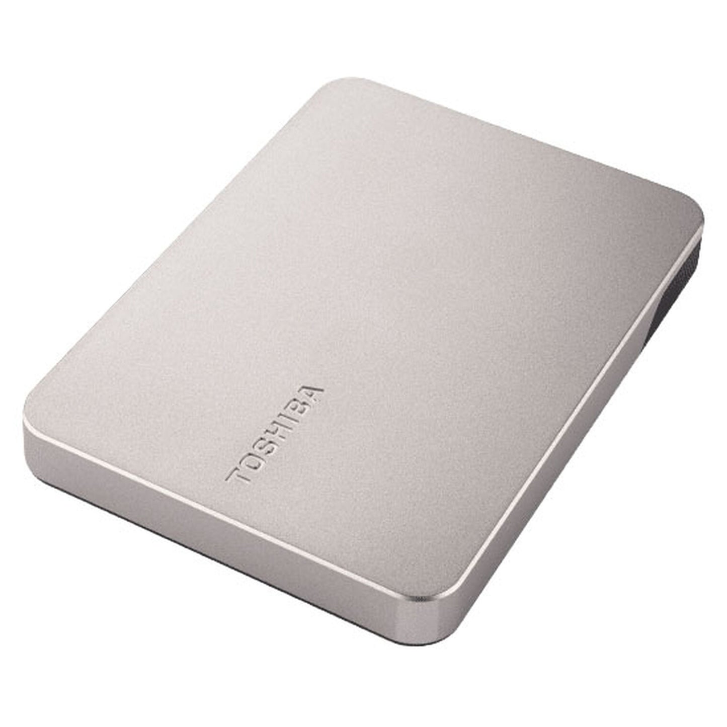 Toshiba Canvio Flex ekstern harddisk 4TB varm sølv med runde hjørner, Toshiba-logo og USB 3.2-understøttelse.