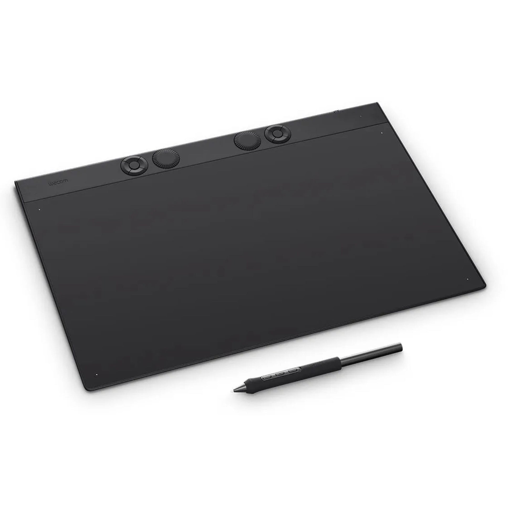Wacom Intuos Pro stor tegneplade 349x195 mm sort med sort stylus, tre runde kontrolhjul, knapper langs øverste kant.