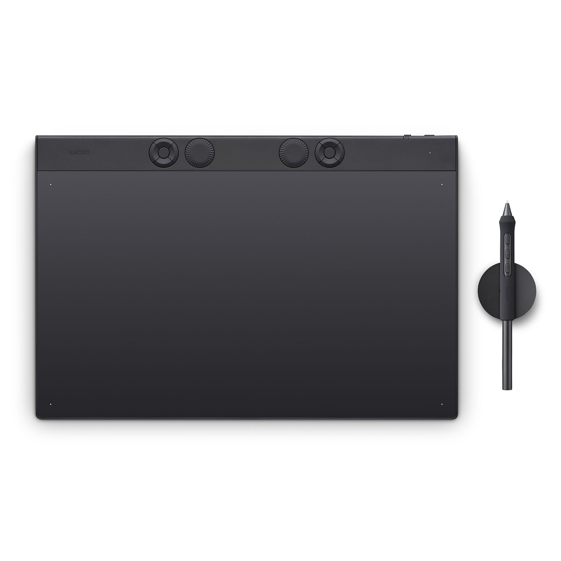 Wacom Intuos Pro tegneplade 349x195 mm sort med fire kontrolhjul og medfølgende stylus.
