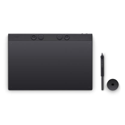 Wacom Intuos Pro tegneplade 349x195 mm sort, tre runde knapper, drejeskive, med pen og holder.