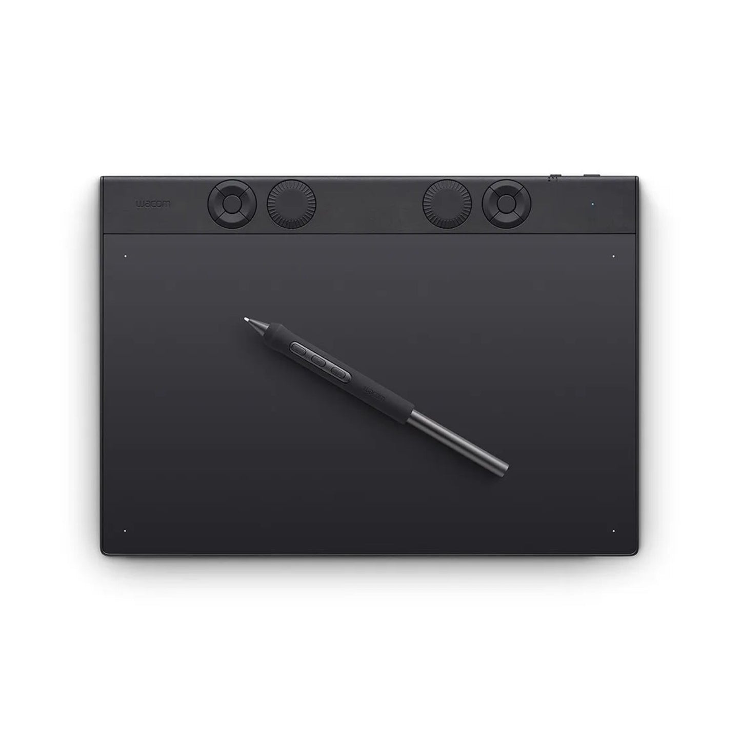 Wacom Intuos Pro medium tegneplade 263x148 mm sort med fire drejehjul øverst og stylus pen.