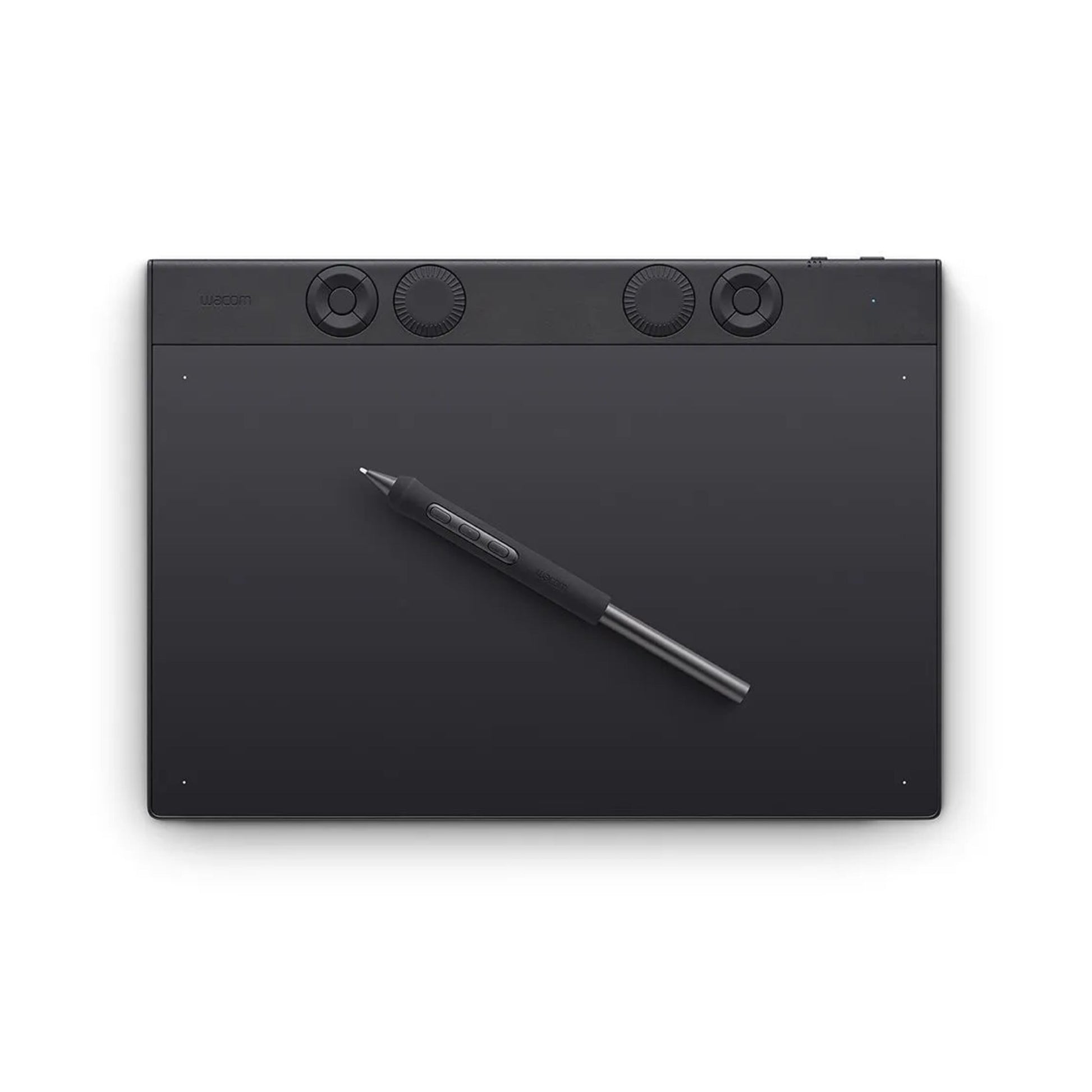 Wacom Intuos Pro medium tegneplade 263x148 mm sort med fire drejehjul øverst og stylus pen.