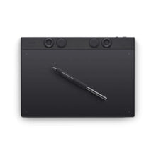 Wacom Intuos Pro medium tegneplade 263x148 mm sort med fire drejehjul øverst og stylus pen.