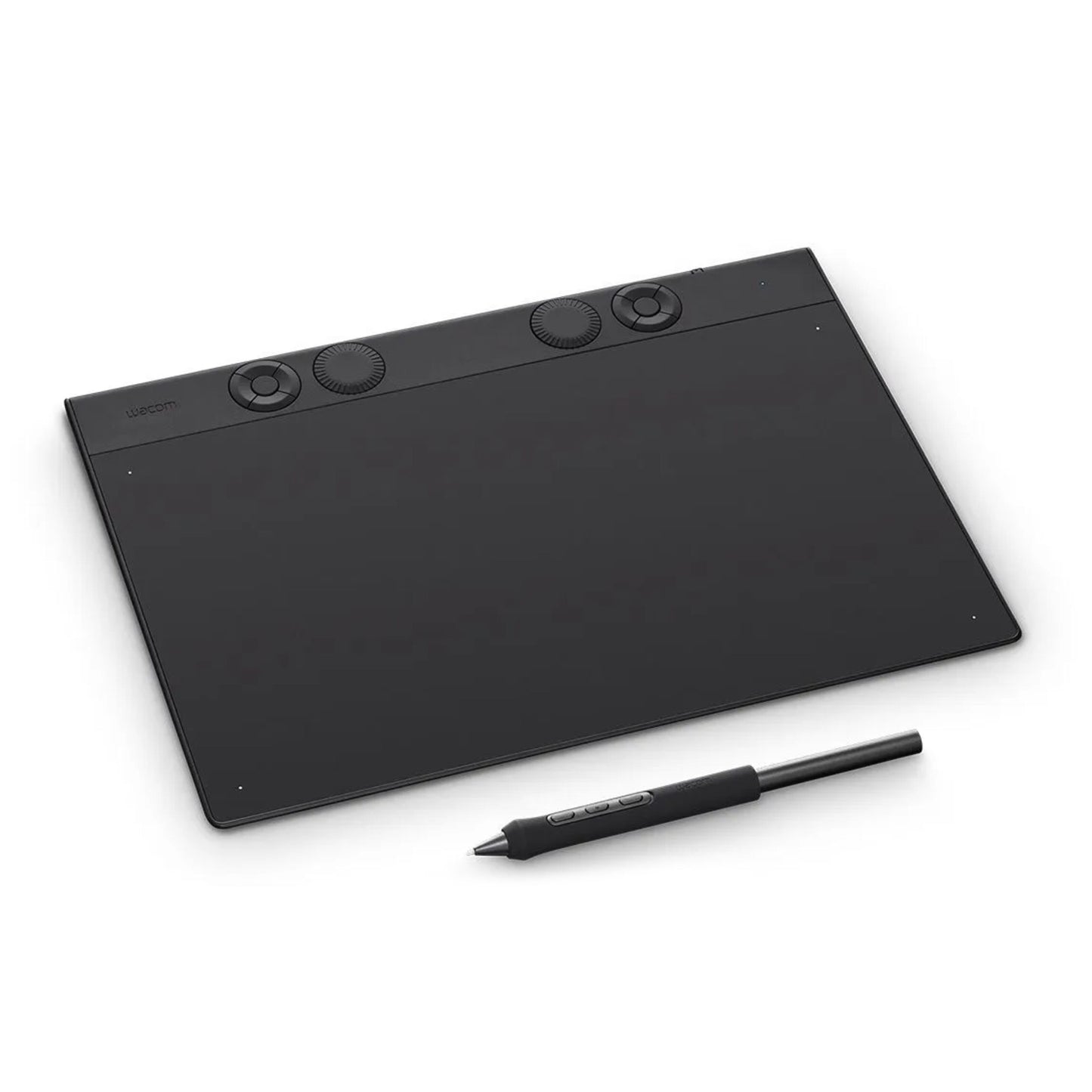 Wacom Intuos Pro medium tegneplade sort 263x148mm med fire drejeknapper foroven og sort stylus.