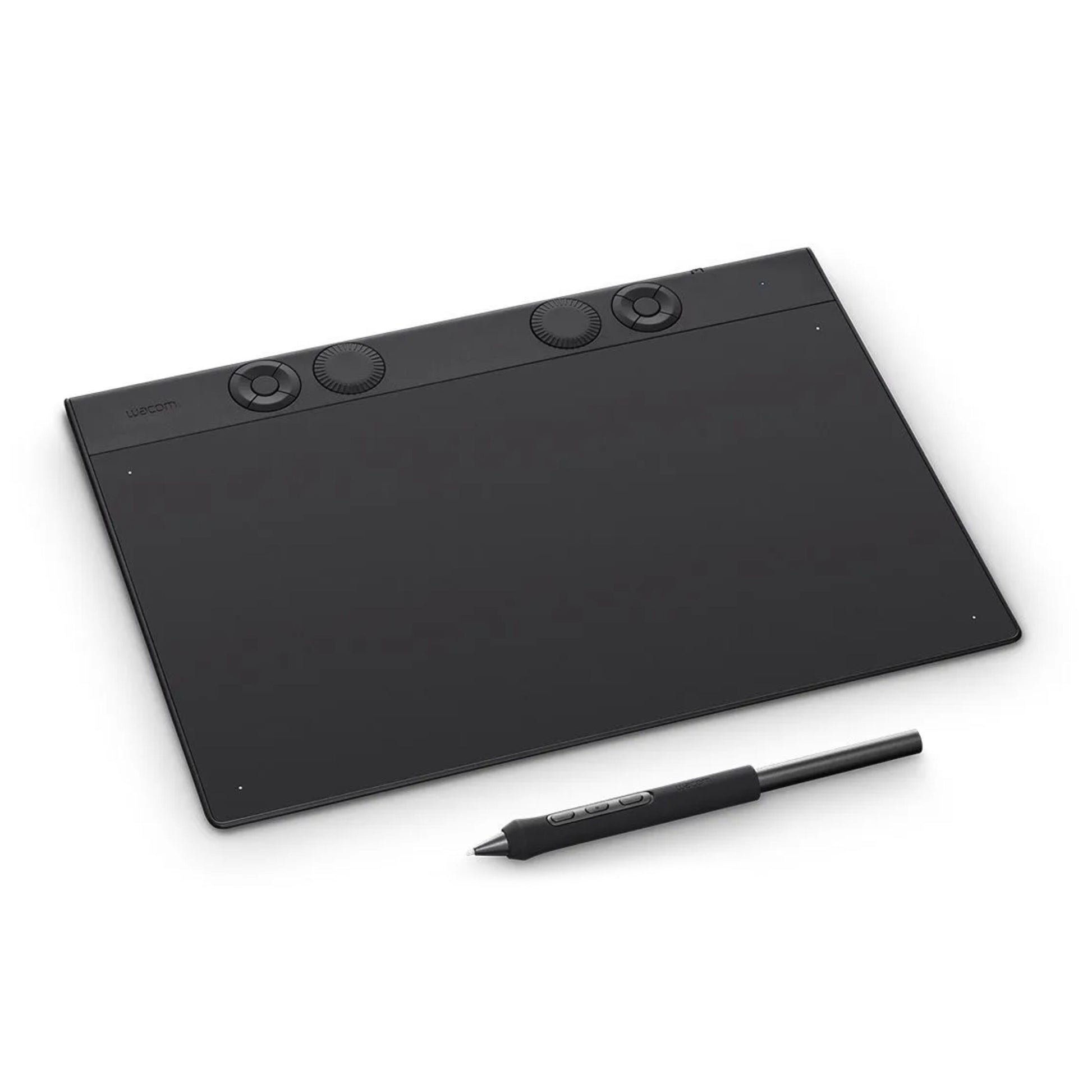 Wacom Intuos Pro medium tegneplade sort 263x148mm med fire drejeknapper foroven og sort stylus.