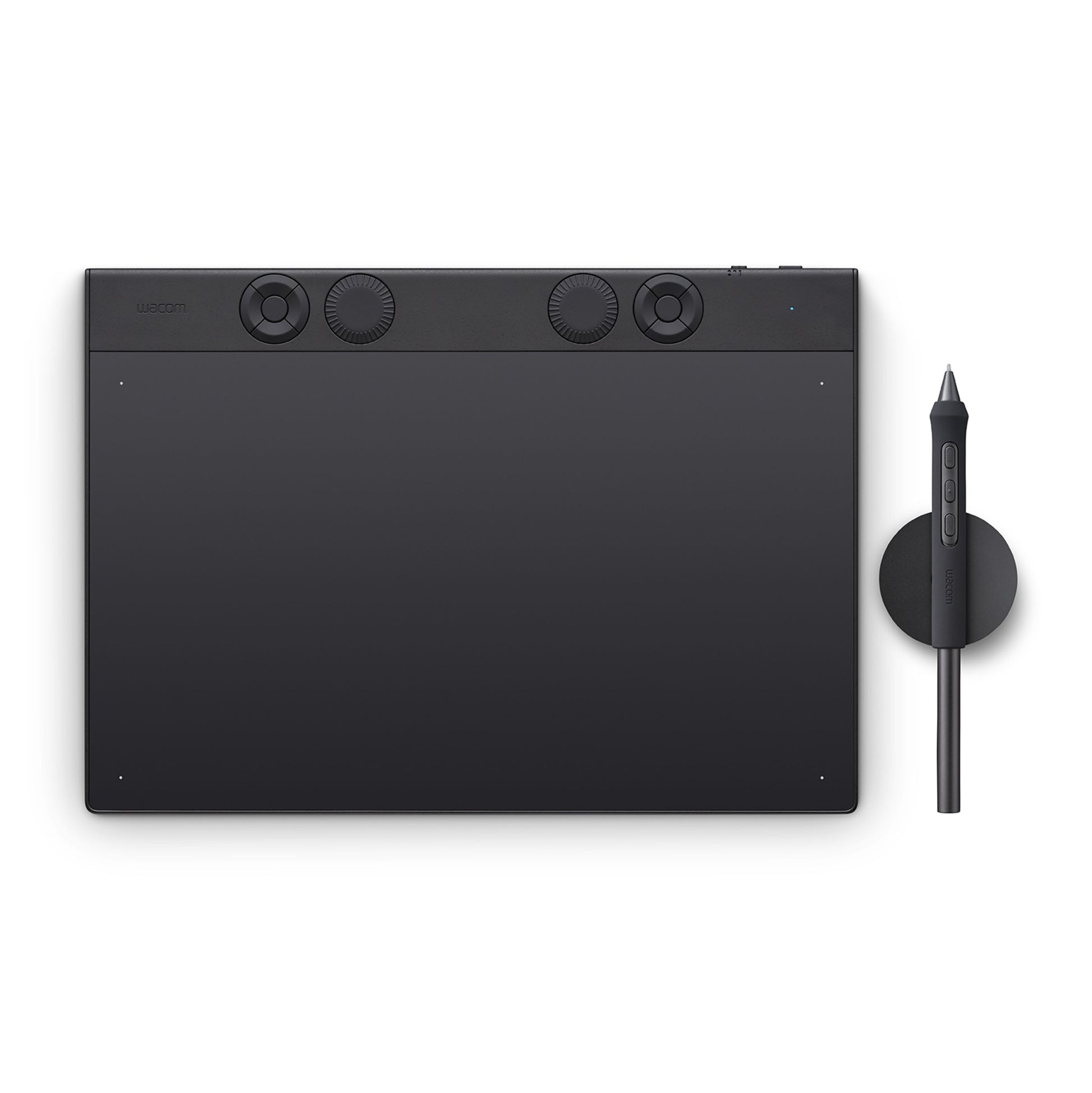 Wacom Intuos Pro medium tegneplade 263x148 mm sort med tre runde drejehjul, stylus og rund holder.