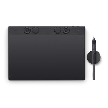 Wacom Intuos Pro medium tegneplade 263x148 mm sort med tre runde drejehjul, stylus og rund holder.