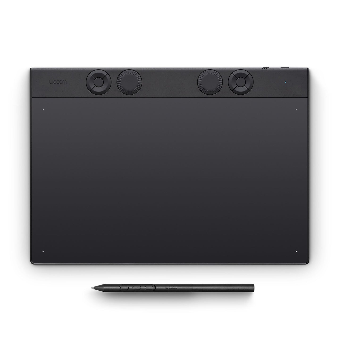 Wacom Intuos Pro medium tegneplade 263x148 mm sort, fire runde knapper, pen placeret vandret foran.