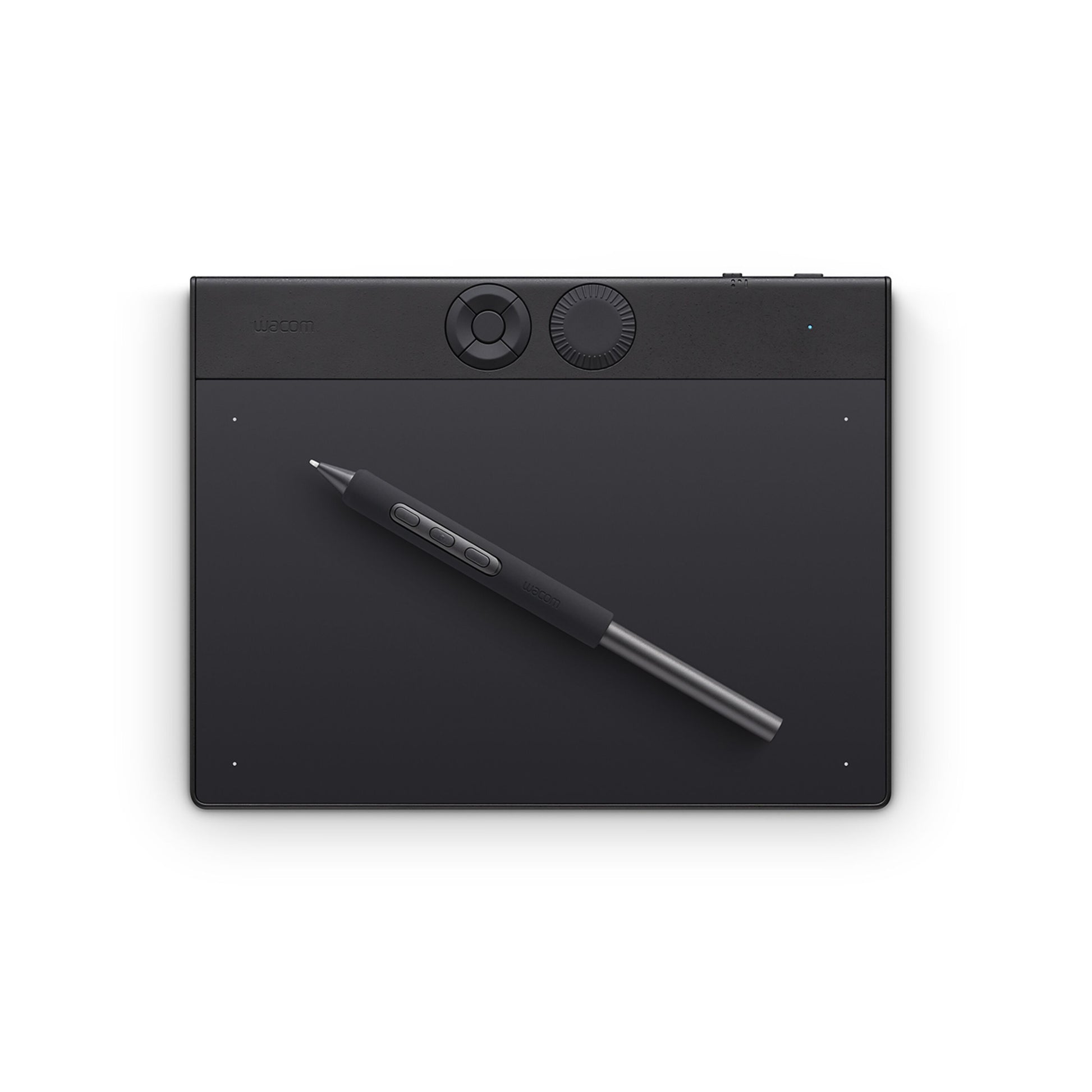Wacom Intuos Pro lille tegneplade 187 x 105 mm sort, kontrolknapper og drejehjul øverst, stylus-pen medfølger.