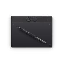 Wacom Intuos Pro lille tegneplade 187 x 105 mm sort, kontrolknapper og drejehjul øverst, stylus-pen medfølger.