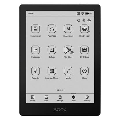 Boox Onyx Gå 6 sort læseplade med E Ink Carta 1300 skærm, hjemskærm med apps som Play Store, AI Assistant og Galleri.